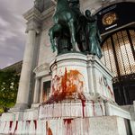 A statue of President Theodore Roosevelt was defaced with red paint early Thursday morning outside the American Museum of Natural History.<br>